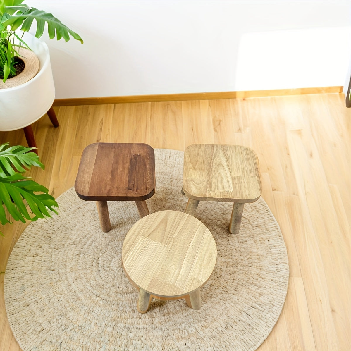 Solid wood round stool ideal for changing shoes at home or office.