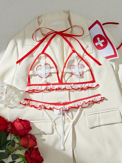 Sexy nurse cosplay set includes headband, lingerie, and briefs with hollow out design, made of 95% polyester and 5% elastane fabric. Features medium support, 90gsm woven texture, solid