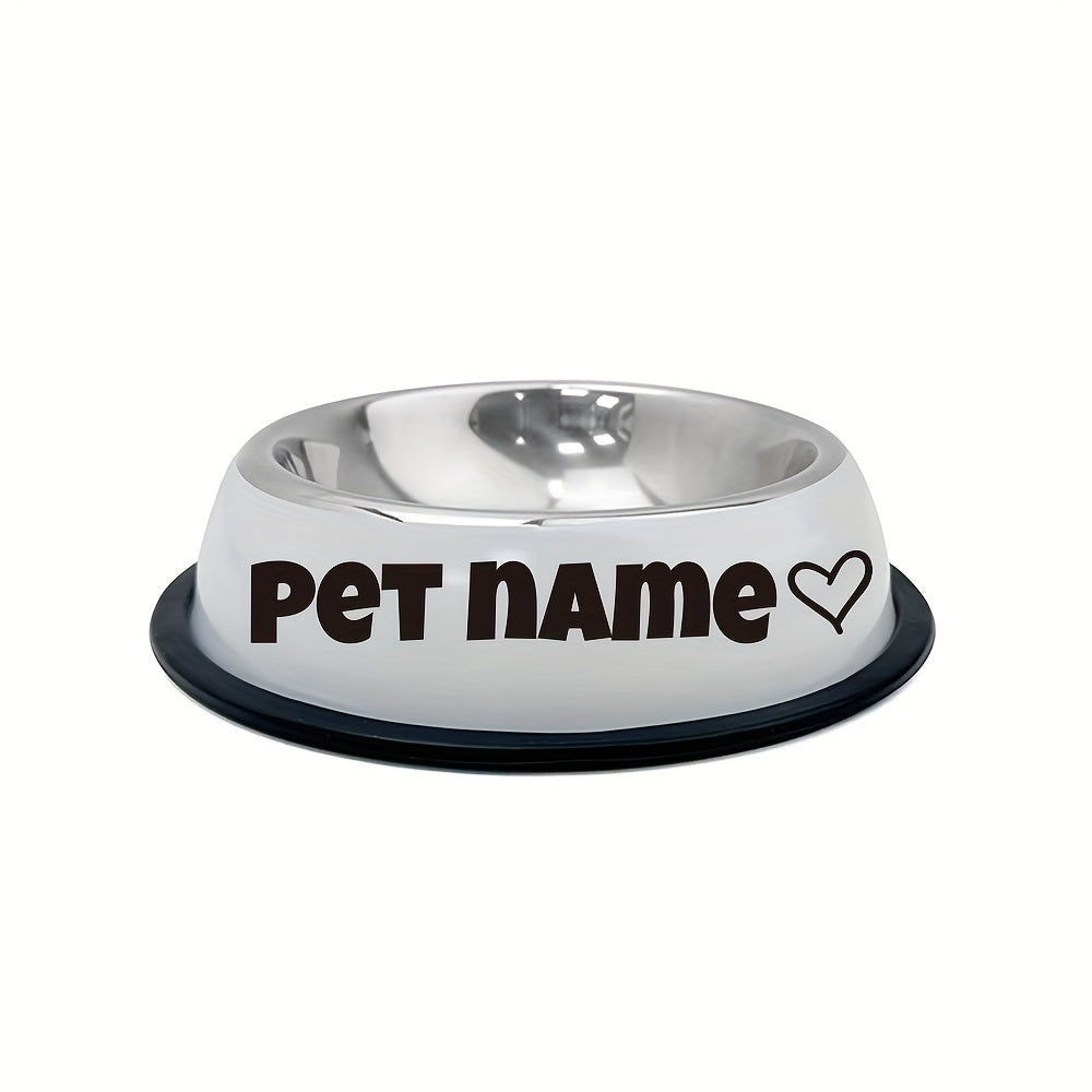 Custom stainless steel dog bowl with non-slip base for small, medium, and large dogs. Personalize with pet's name for food and water.