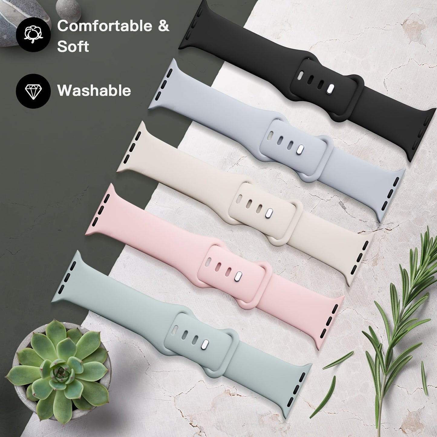 Set of 5 Soft Silicone Sport Bands for Apple Watch - Waterproof and Adjustable Wristbands for iWatch Series 9, Ultra, 8, SE, 7, 6, 5, 4, 3. Compatible with Sizes 38mm to 49mm - Ideal Present for Both Men and Women