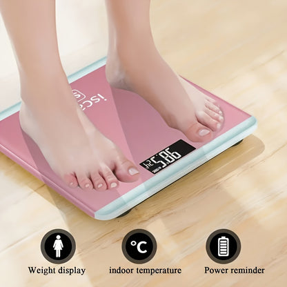 High precision digital body scale with tempered glass, temperature display, and battery operated. Batteries not included. Ideal for home health and fitness.