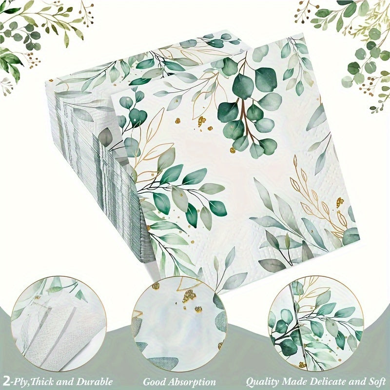 60 Elegant Eucalyptus & Golden Leaf Disposable Napkins - Soft and Absorbent 2-Ply Paper Guest Towels for Parties, Weddings, Birthdays, Baby Showers - Stylish Green & Gold Design, Durable and Tear-Resistant, 33.02x33.02 cm