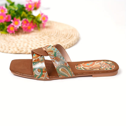 Women's Paisley Pattern Flat Slides with Square Open Toe, Casual Outdoor Beach Sandals.