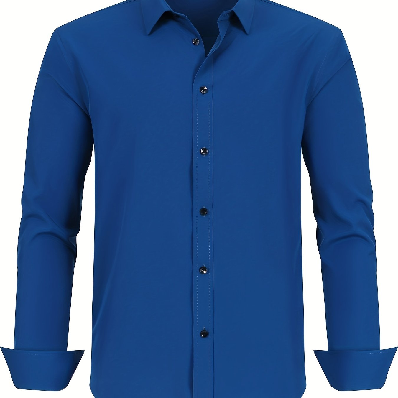 Men's plus size dress shirt in solid color with square collar, regular fit, made from all-season polyester with slight stretch. Features button details and woven fabric, weighing 120g/m².