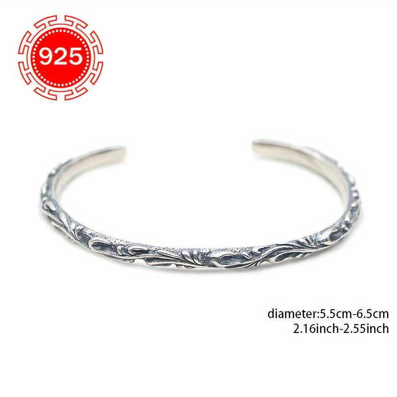 Elegant 925 Sterling Silver Open Cuff Bracelet - Featuring a Vintage-Inspired Vine Design with Delicate Tang Straw Flowers - Ideal Gift for Her for Christmas, Thanksgiving, and any special occasion. Hypoallergenic and Stylish.