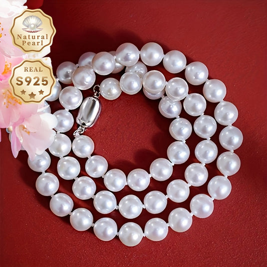 Elegant MUFAN Vintage Luxury Pearl Necklace with 9-10mm Natural Freshwater Pearls and S925 Sterling Silver, Perfect for June Birthdays and Special Occasions, Non-Plated Design, Comes in a Beautiful Jewelry Gift Box