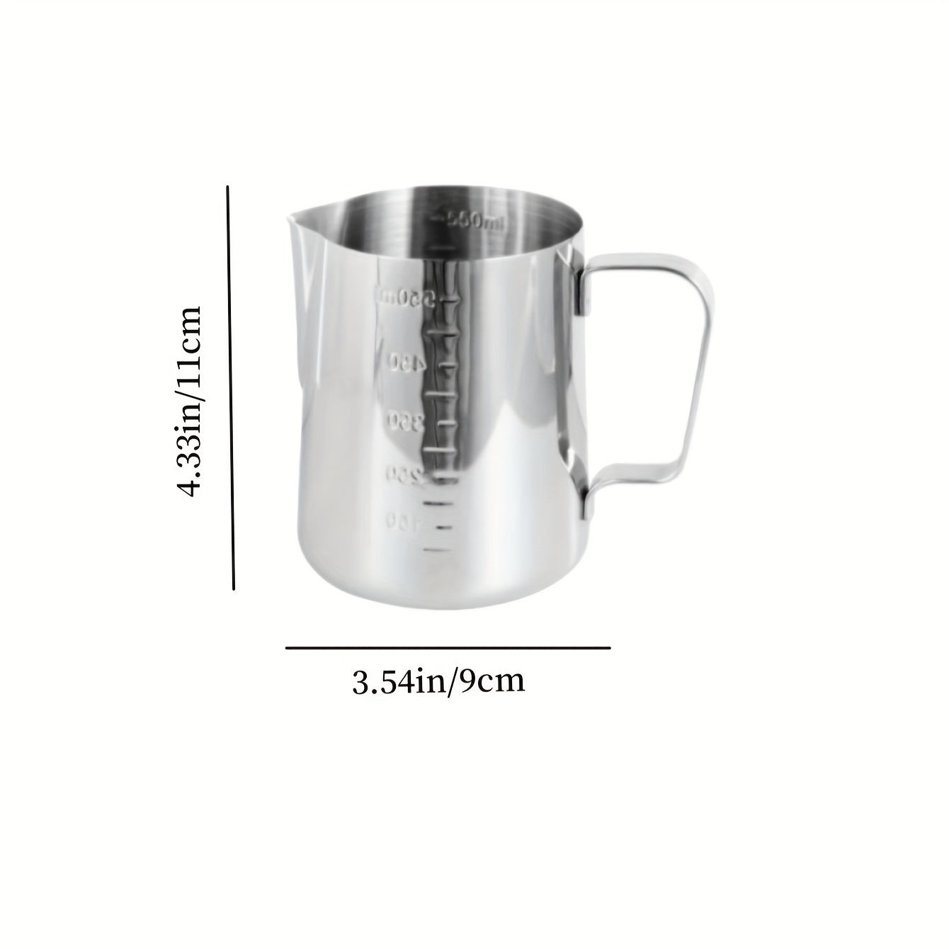 The Stainless Steel Coffee Art Cup is perfect for creating beautiful latte art, cappuccinos, and iced teas. Featuring convenient measurement marks and a large capacity, this milk frothing pitcher is available in 350ml, 600ml, and 900ml sizes.