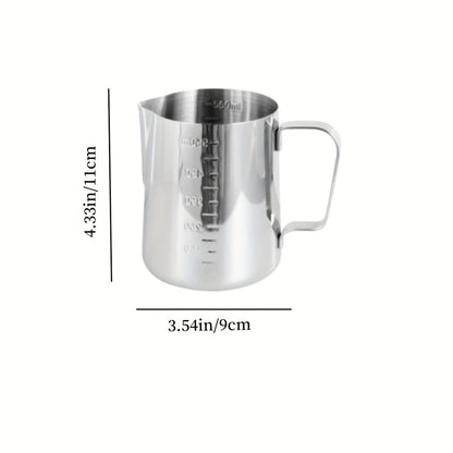 The Stainless Steel Coffee Art Cup is perfect for creating beautiful latte art, cappuccinos, and iced teas. Featuring convenient measurement marks and a large capacity, this milk frothing pitcher is available in 350ml, 600ml, and 900ml sizes.