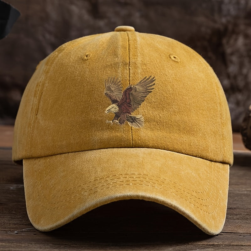 Men's adjustable dark blue baseball cap with eagle print. Made of machine washable polyester for sun protection and durability.