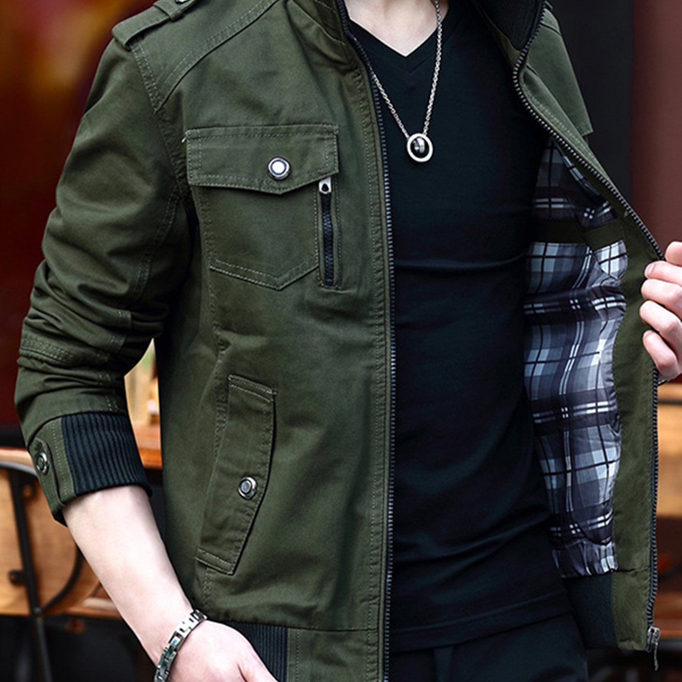 Men's Solid Color Cargo Jacket with Multi-Pocket Design, Stylish Long Sleeve Stand Collar Coat. Perfect for Outdoor Activities, Makes a Great Gift.