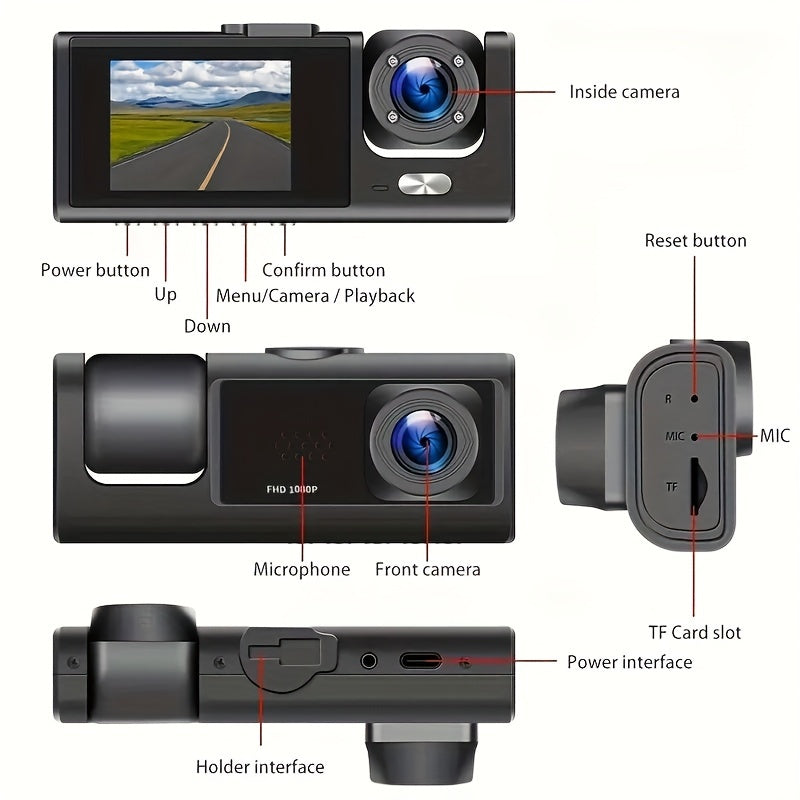 3-Channel Dash Cam with Front and Rear Interior cameras, 1080P resolution, IR Night Vision, and Loop Recording. Includes 5.08 cm IPS Screen.