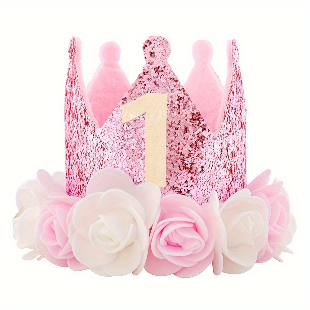 Pink and white flowered birthday crown hats for ages 1-5 with pink sequins.