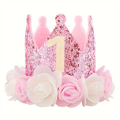 Pink and white flowered birthday crown hats for ages 1-5 with pink sequins.