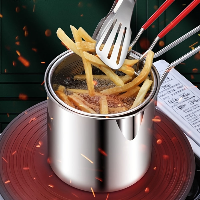 Easily fry up your favorite foods with this Stainless Steel Deep Fryer Set featuring a convenient basket strainer. Ideal for frying potato chips and fish, this handheld basket is perfect for deep frying in the kitchen.