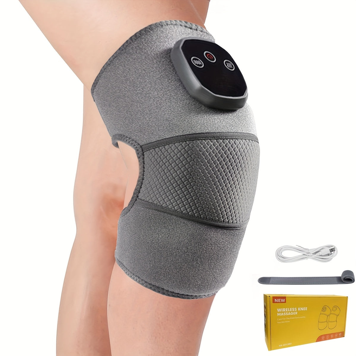 USB rechargeable knee massager with heat, vibration, and adjustable length - perfect gift.