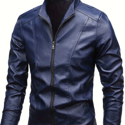 Men's Casual PU Leather Jacket with Stand Collar and Zipper Placket, Regular Fit and Long Sleeve, Non-Stretch Woven Moto Style Outwear.