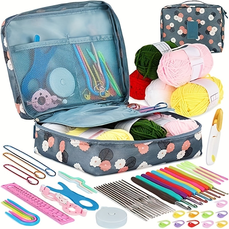 Beginner crochet kit with yarn, hooks, and storage bag in vibrant colors (royal blue/pink/purple) - all-season crafting set.