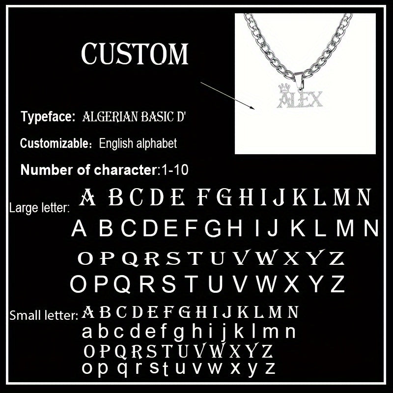 Stainless Steel Pendant Necklace with Crown Charm and Custom Name - Elegant Style Customized Jewelry Gift for Men, Perfect for Boyfriend or Family Member, Durable and Non-Magnetic, No Plating Needed