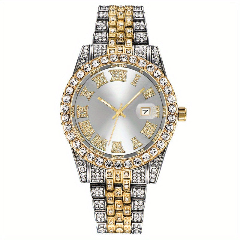 Elegant and luxurious full artificial diamond steel strap quartz watch with calendar, perfect for parties and gift-giving.