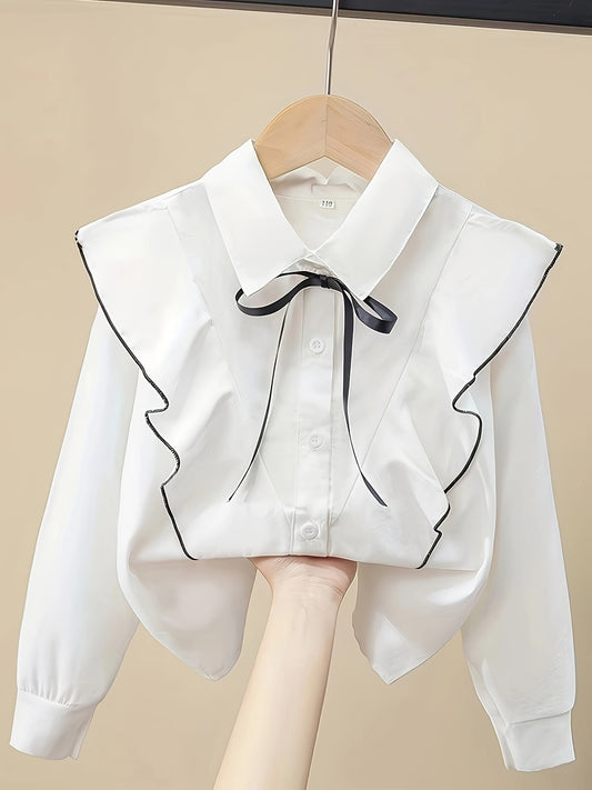 French-inspired Bowknot Collar Ruffle Shirt for Spring and Autumn