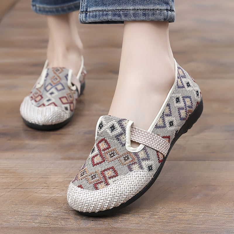 Stylish slip-on sneakers with soft insole, geometric pattern, ideal for everyday and outdoor wear.