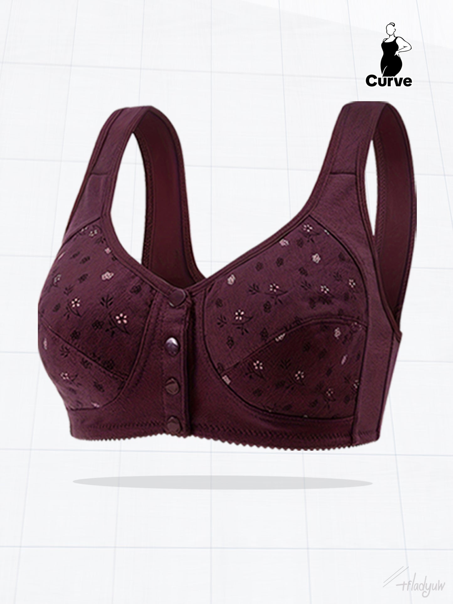 Plus size printed front button sports bra for women's yoga and exercise wear.