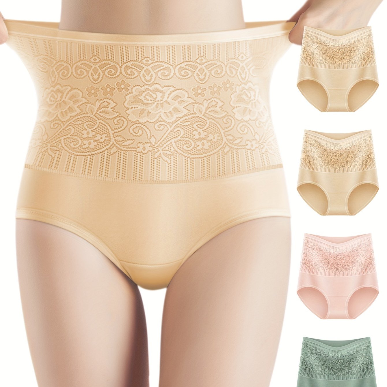 4 Elegant High Waisted Shapewear Panties for Women, Tummy Control with Butt Lifting Floral Design