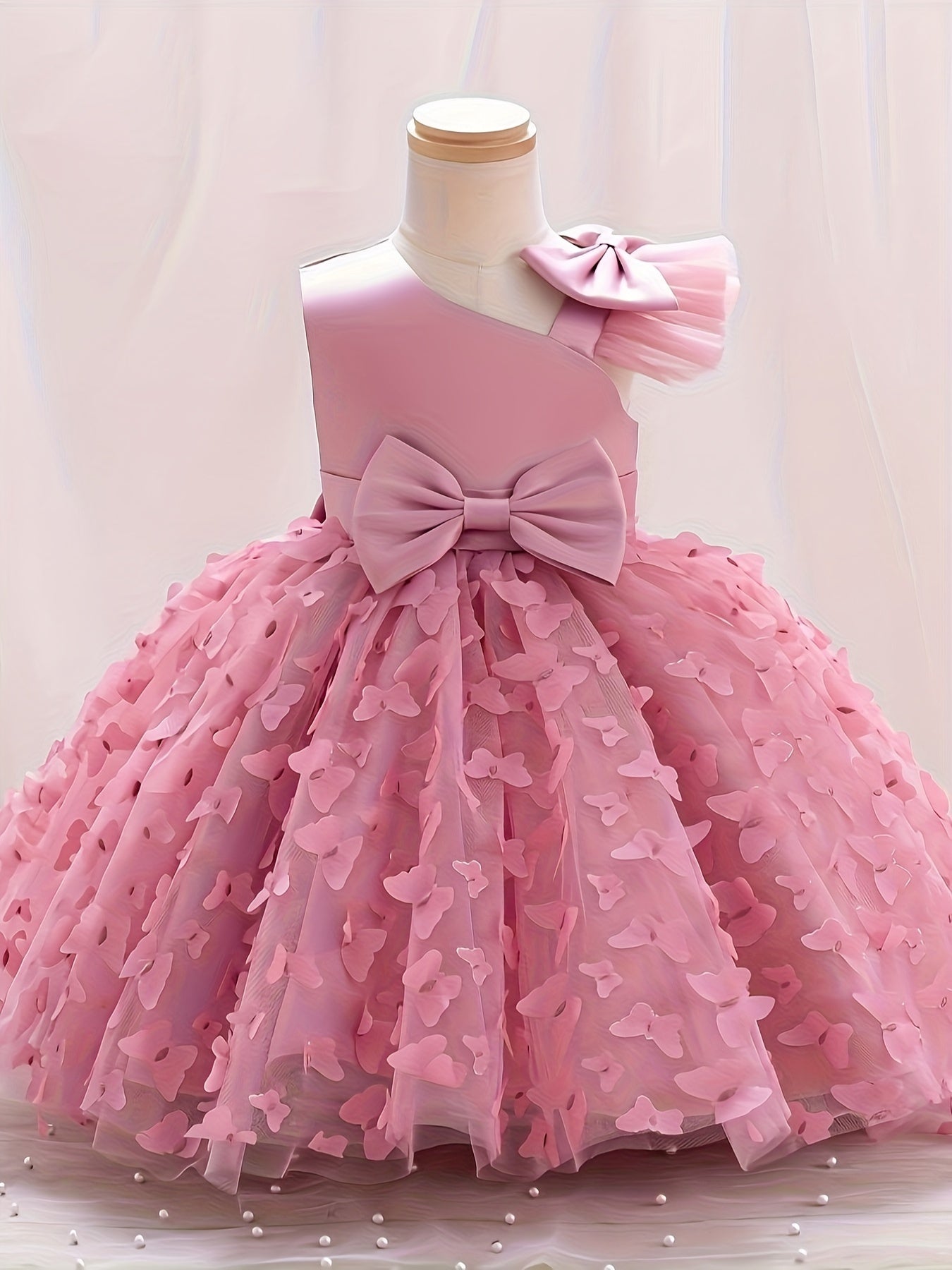 Toddler girls princess dress with butterfly design, bow belt, and flutter mesh sleeves, perfect for parties and birthdays.