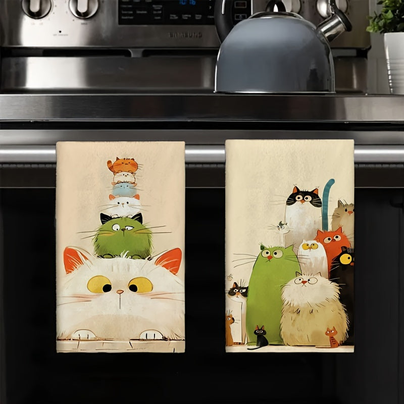 2 adorable kitten kitchen towels made of ultra-soft microfiber, ideal for drying hands and dishes. Machine washable and perfect for gifting on housewarmings, birthdays, or Mother's Day.