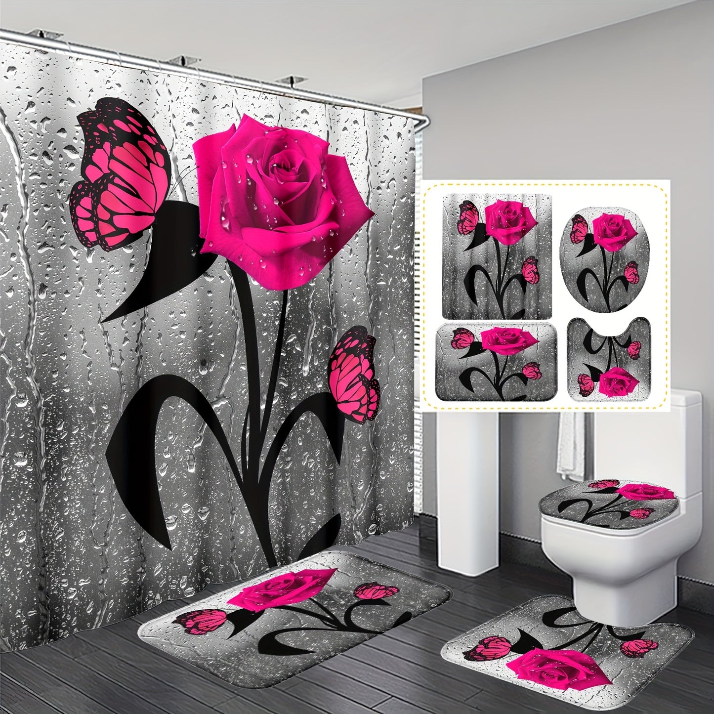 Water drop rose printed shower curtain set with hooks, non-slip mat, toilet lid mat, U-shape mat, and bathtub partition, a complete bathroom accessory set for home decor.