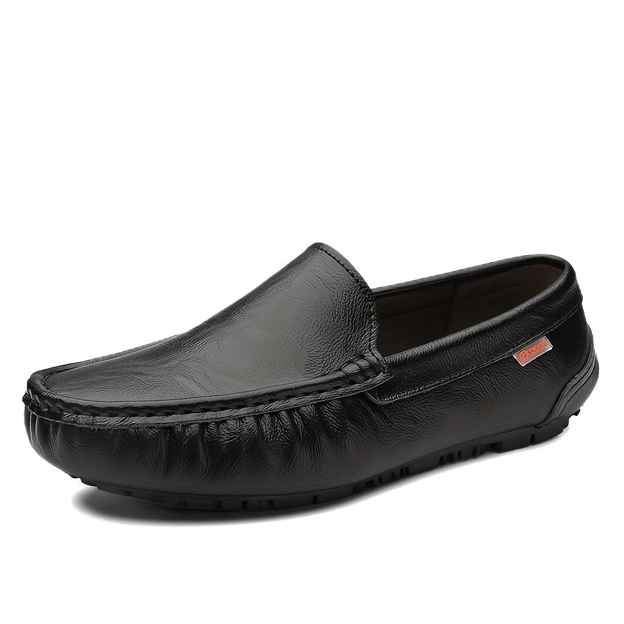 Genuine leather loafers for men with casual slip-on style, square toe, rubber sole, comfortable PU insole, suitable for all seasons.