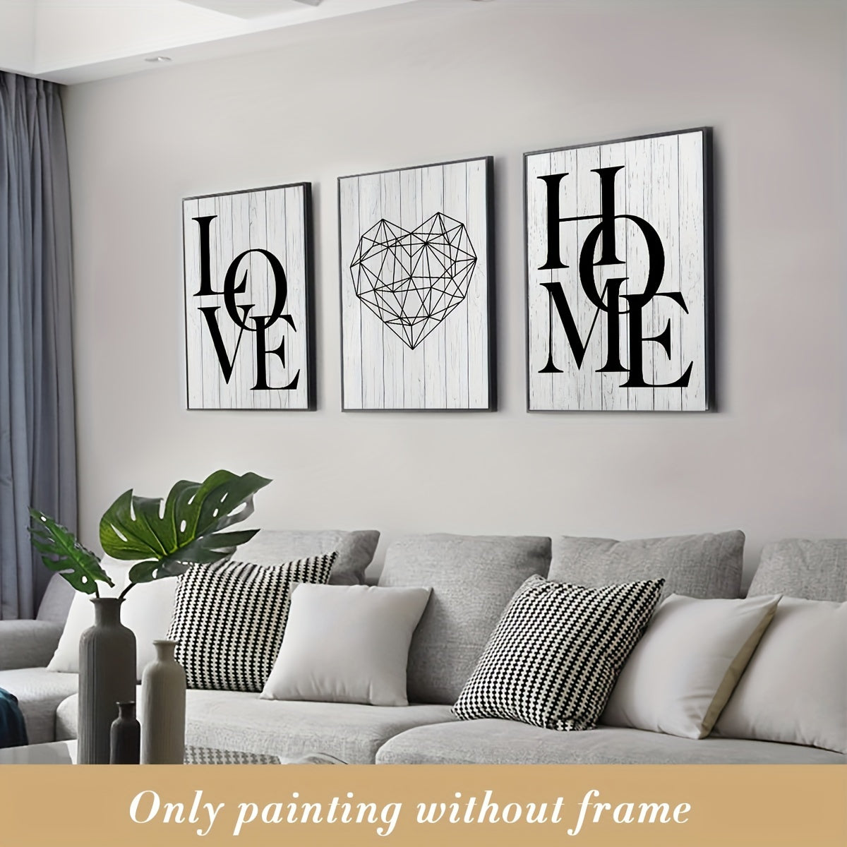 Scandinavian Love & Home Canvas Art Set: 3 Frameless Black and White Prints with Geometric Heart Design, Ideal for Modern Living Room Decor.