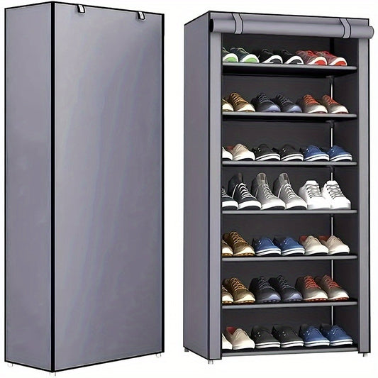 Metal shoe rack with dustproof cover, vertical storage, easy assembly, for entryway/bedroom/living room, lightweight under 13.61 KG, spacious capacity, weather-resistant, 68.58cm tall.