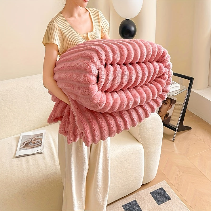 Modern space-inspired knitted throw blanket made from soft milk velvet and cozy flannel. Featuring a stylish stripe pattern, this blanket provides warm comfort for all seasons.