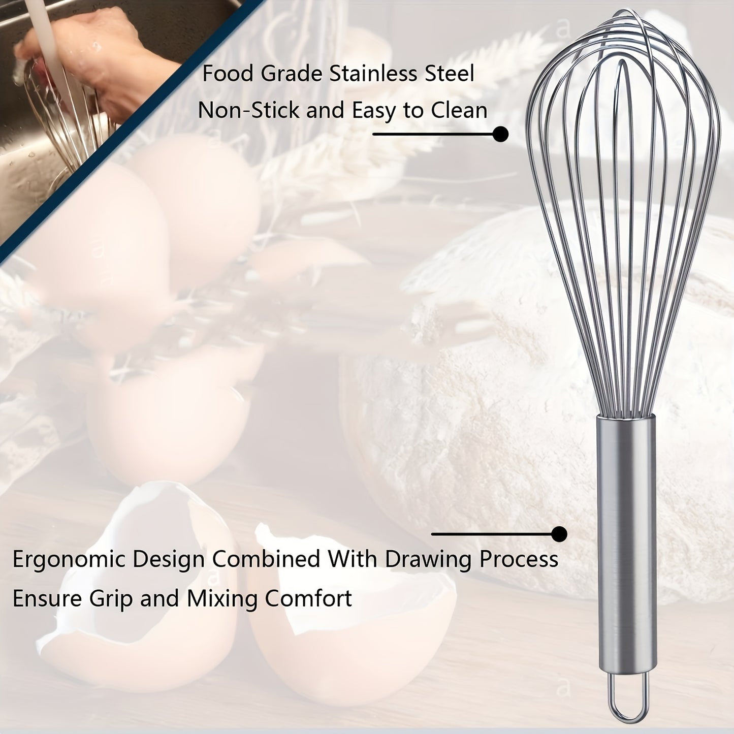 Durable stainless steel whisk set of 3 for manual whisking, beating, and stirring. Food-grade and easy to clean with ergonomic design. No batteries required.