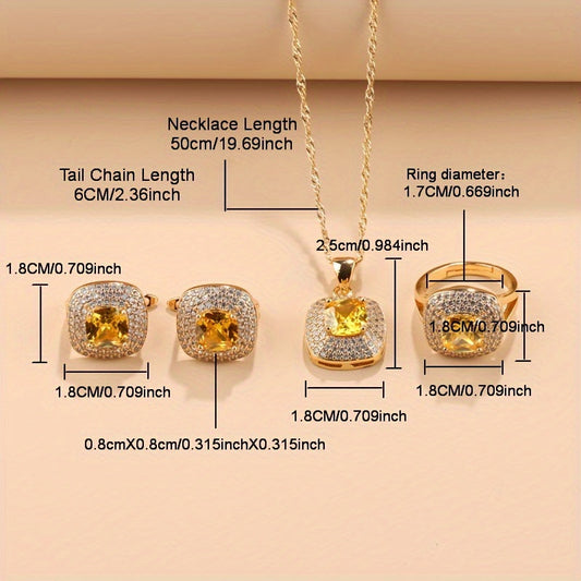 Chic Brazilian/Arabian Top-Selling 4-Piece Jewelry Set for Women - Timeless Design, Synthetic Stone, 18K Gold Plated Copper with Zirconia Detailing - Includes Square Earrings, Ring, and Pendant Necklace Perfect for Special Occasions and Celebrations