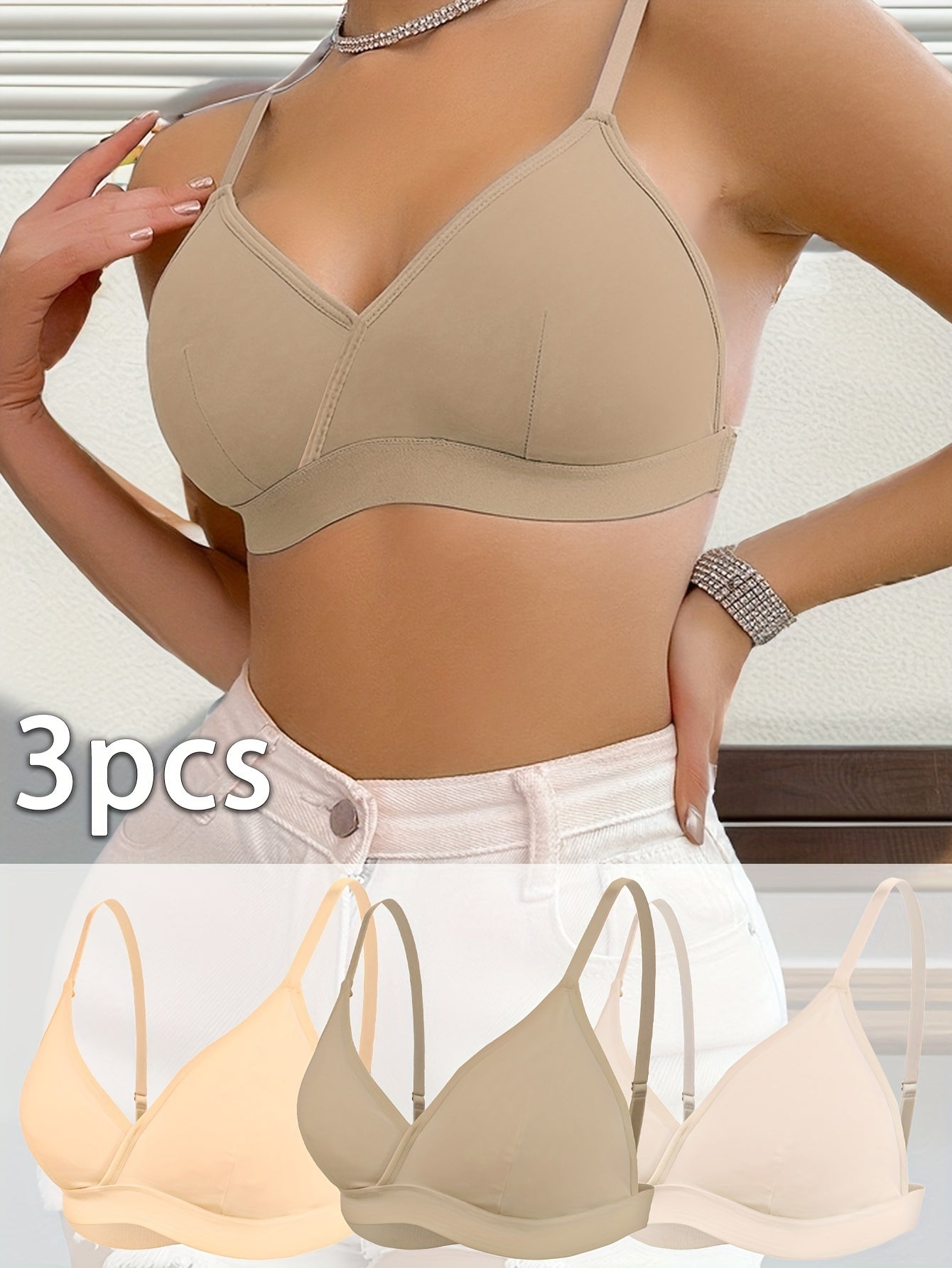 3 Triangle V Neck Plain Bras, Comfortable Breathable Wireless Spaghetti Strap Bras for Everyday Wear, Women's Lingerie & Underwear