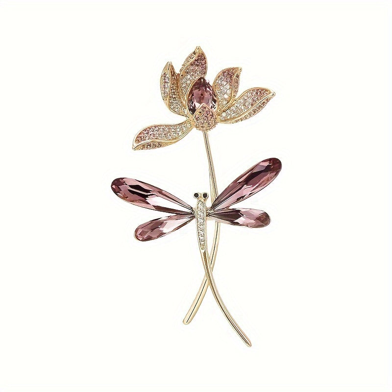 Beautiful Rhinestone Glass Dragonfly & Flower Brooch Pin for Women - Stylish Fashion Accessory