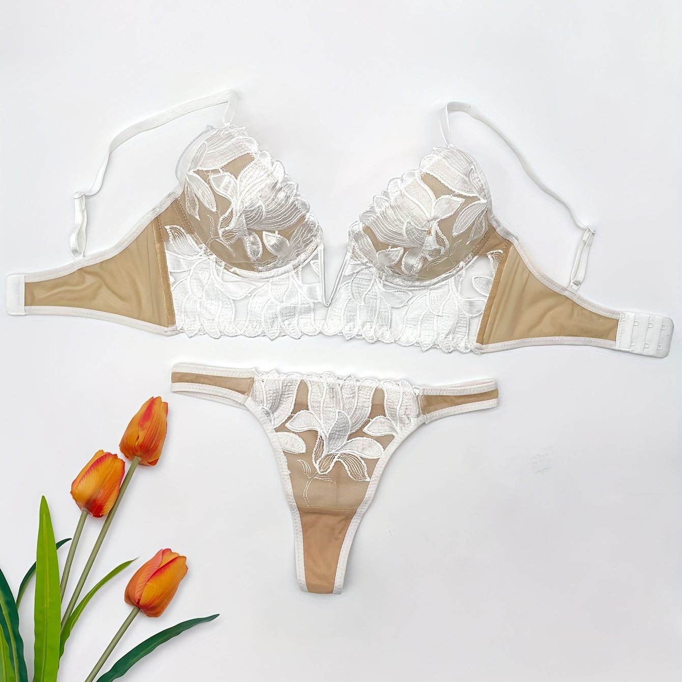 Women's Floral Embroidered Lingerie Set with Push-Up Plunge Bra and Mesh Thong