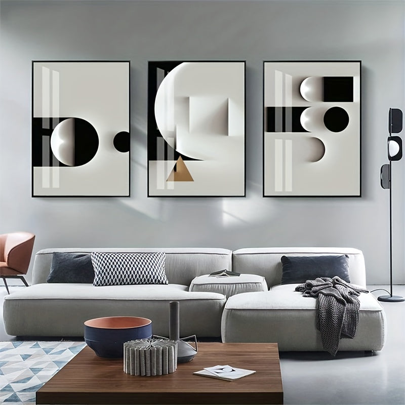 3 geometric canvas paintings in black and white, modern Nordic style, for living room home decor (no frame included)