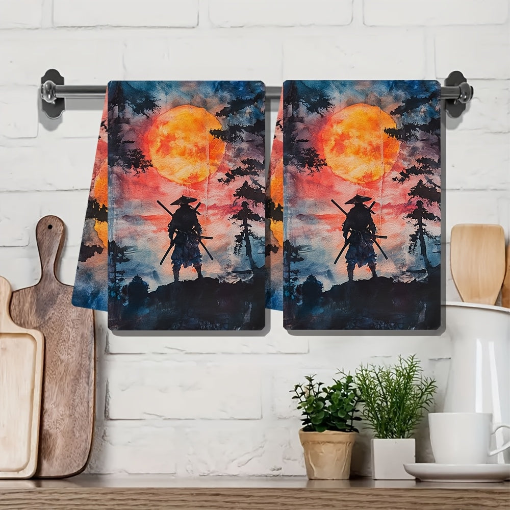 Set of 2 Ultra Soft Kitchen Towels featuring Sunset Samurai Design, Perfect for Drying Dishes - Highly Absorbent & Easy to Clean, Size 40.64x60.96 cm - Vibrant Japanese-Inspired Decor for Home & Kitchen, Dish Hand Towels