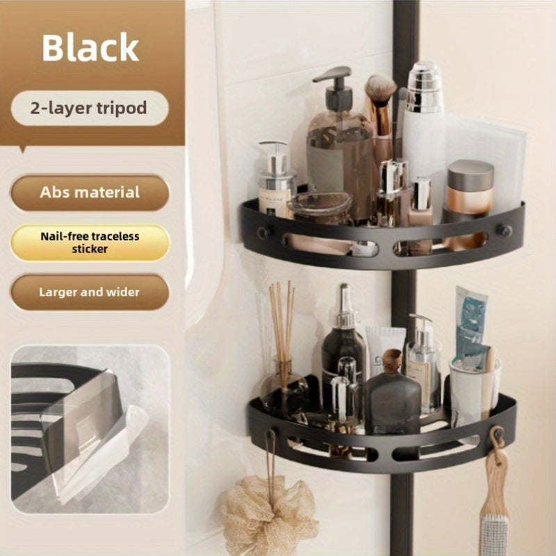 Two pieces of Corner Shower Caddy with Adhesive No-Drill feature that serves as a Bathroom Organizer. Made from Rust-Proof Plastic Material, this Wall-Mounted Storage Shelf comes with 2 Hooks for Shower Organization. No Electricity Required.