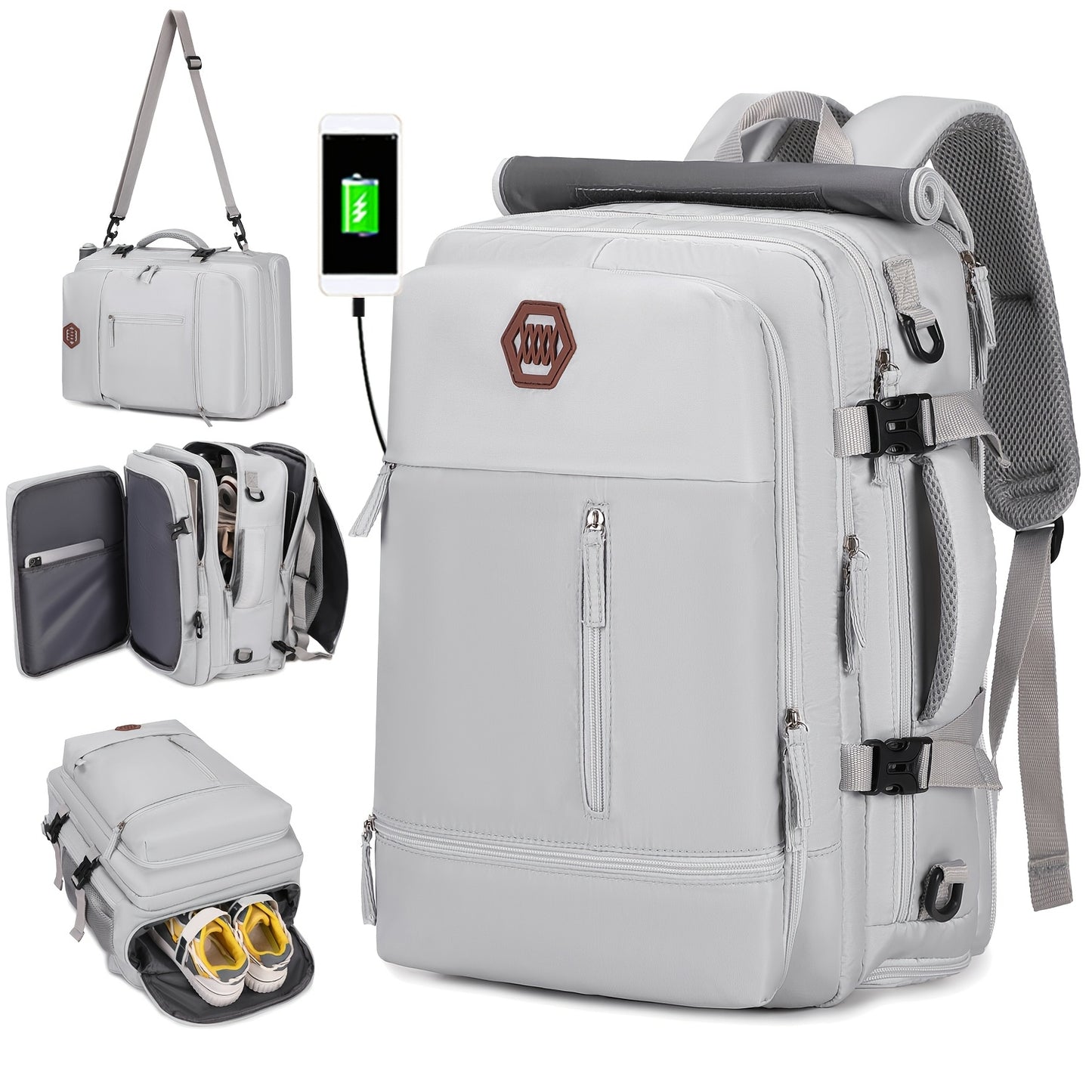 Large, durable backpack with shoe compartment, USB port, and 17-inch laptop compartment, ideal for college or business use.