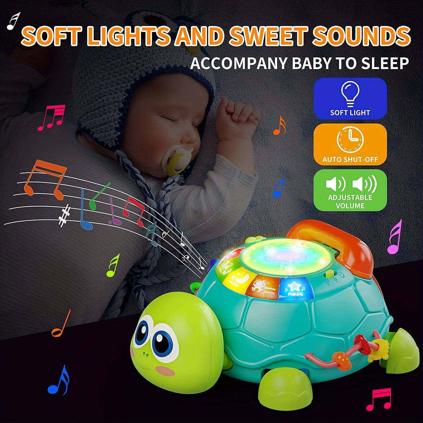 Musical light-up turtle toy for kids - educational crawling and learning toy with hand drum, keyboard, colorful buttons. Ideal first birthday gift made of ABS material in green/white.