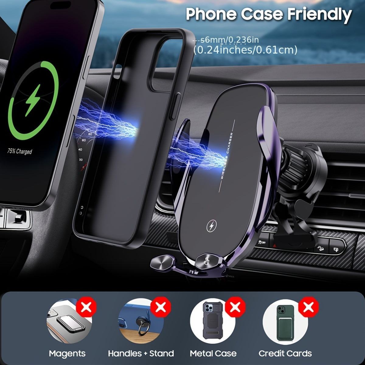 YITUMU Wireless Car Charger Holder for iPhone and Samsung Galaxy, 15W Fast Charging Auto Clamp Phone Holder for Dashboard or Vent.