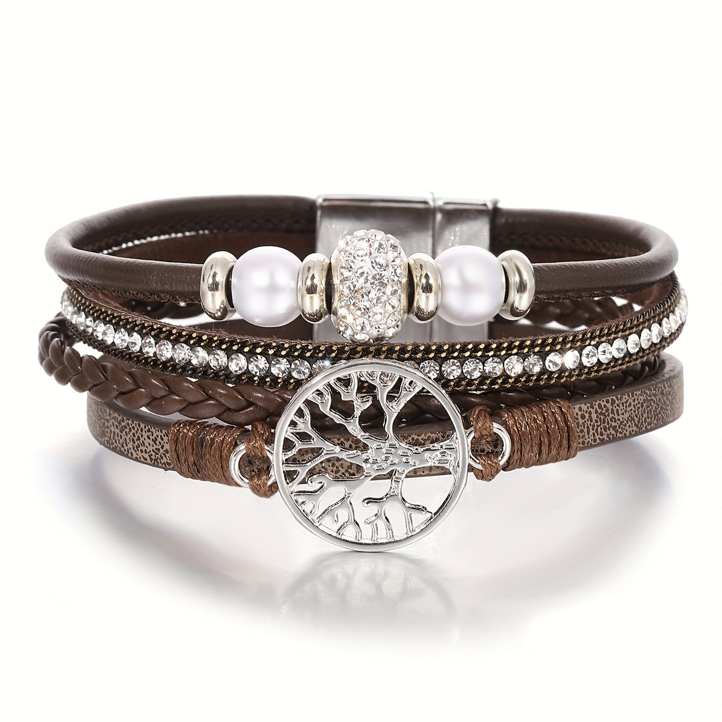 Chic Multi-Layer Faux Leather Wristband with Tree of Life Charm and Sparkling Rhinestones, Perfect for Everyday Wear or as a Thoughtful Birthday/Friendship Gift - Set of One