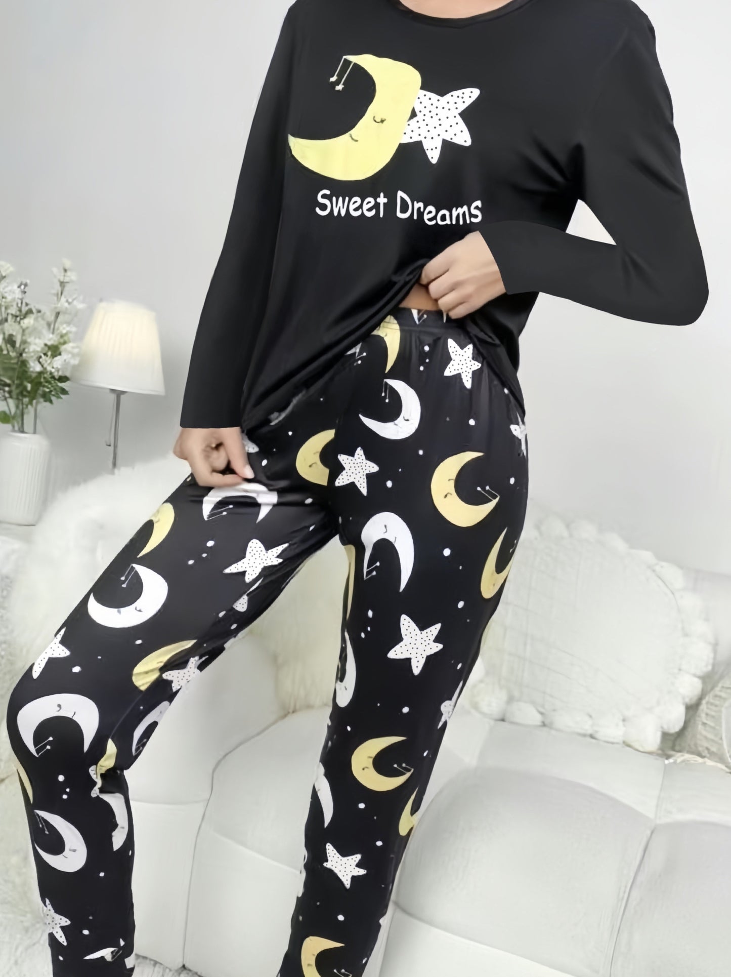 Women's loungewear set with moon and star print, long sleeve top, crew neck, elastic waistband pants