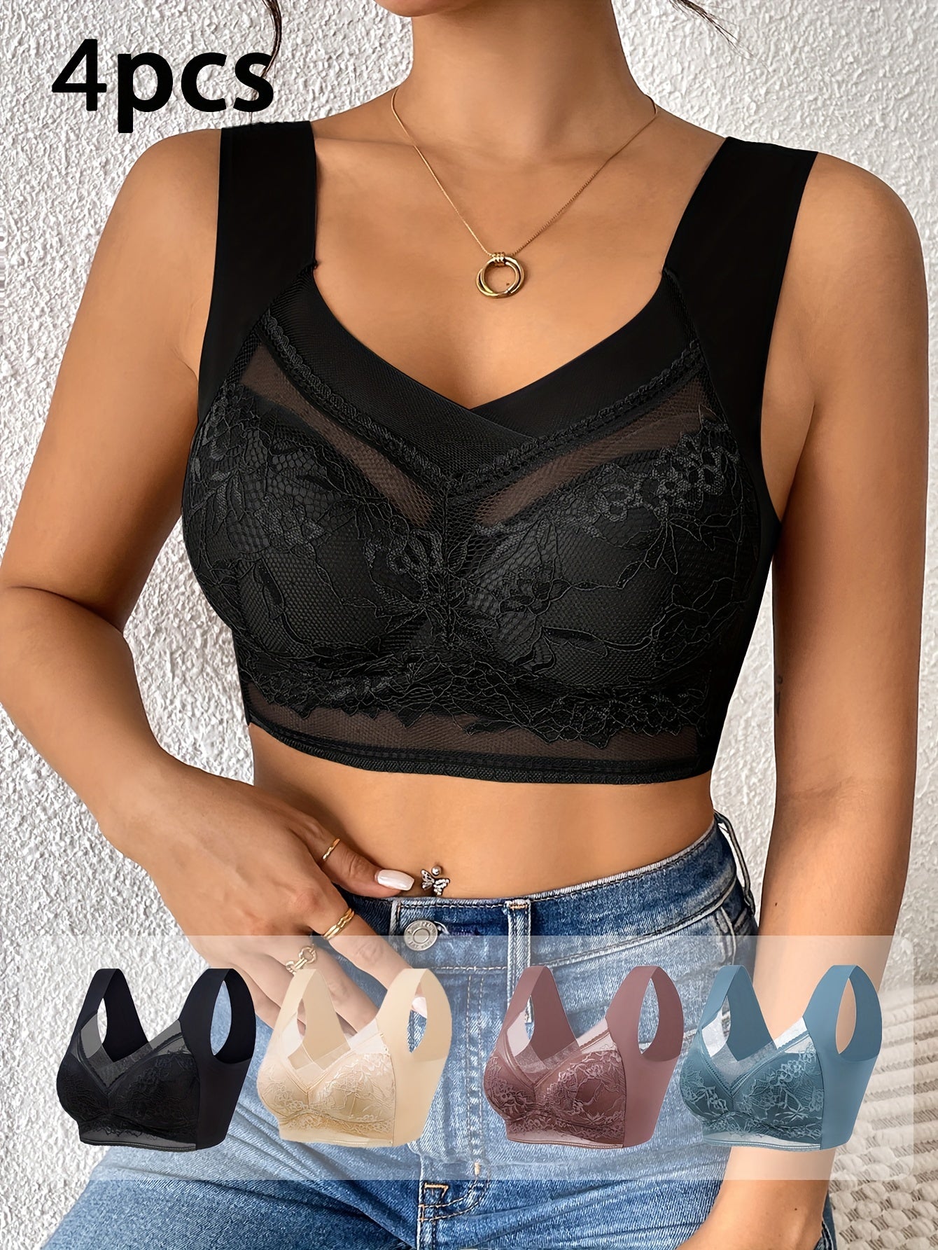 4 pieces of women's lace contrast underwear and bra, including daily bra and no steel ring underwear.