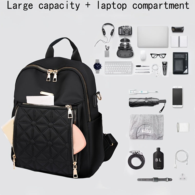 Fashionable nylon backpack with zipper closure and soft shell laptop bag.