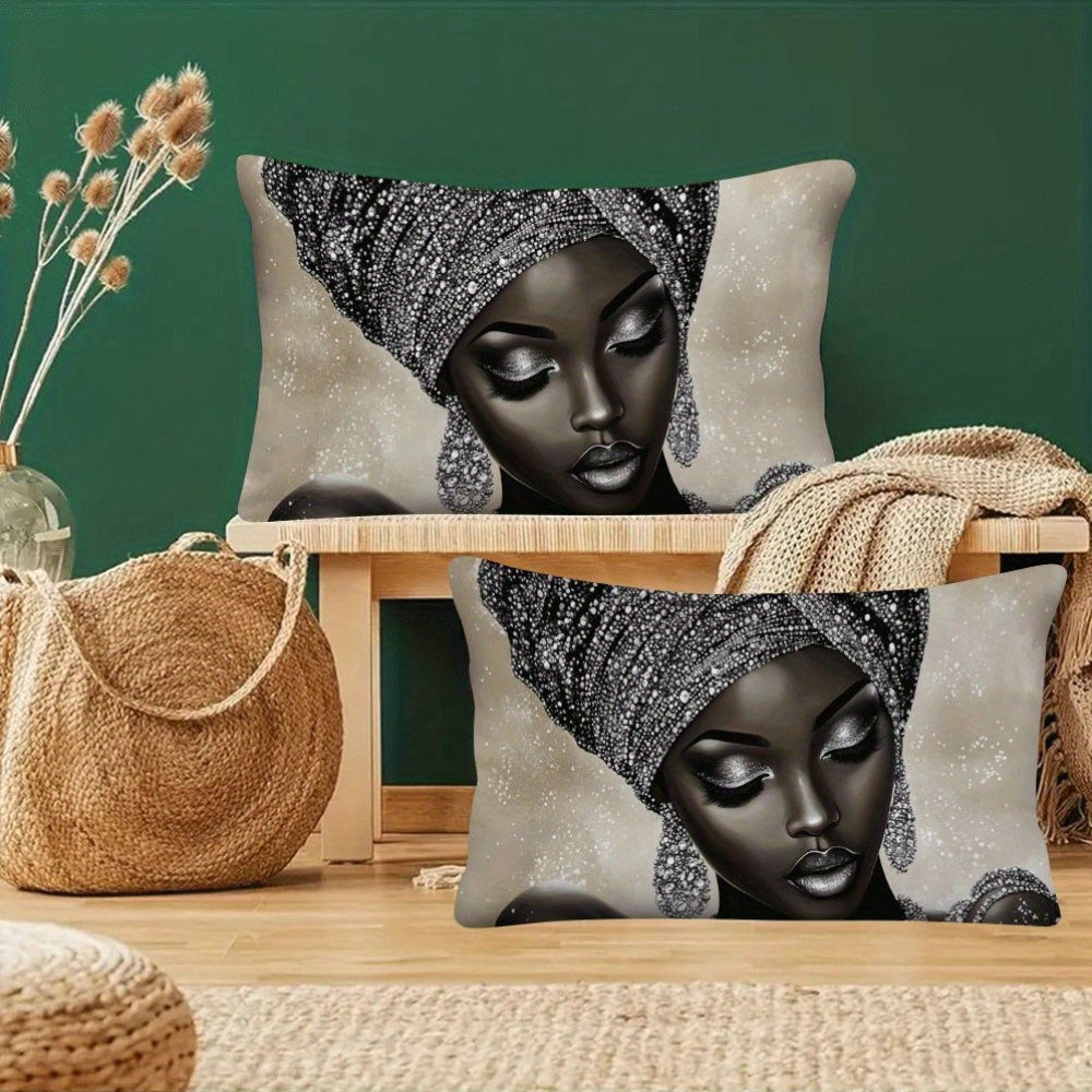 Two African Woman Themed Polyester Pillow Covers in Casual Style, Machine Washable with Zipper Closure. Space-Themed Decorative Cushion Cases designed for Back Sleepers, offering All-Season Comfort for ages 14 and up.